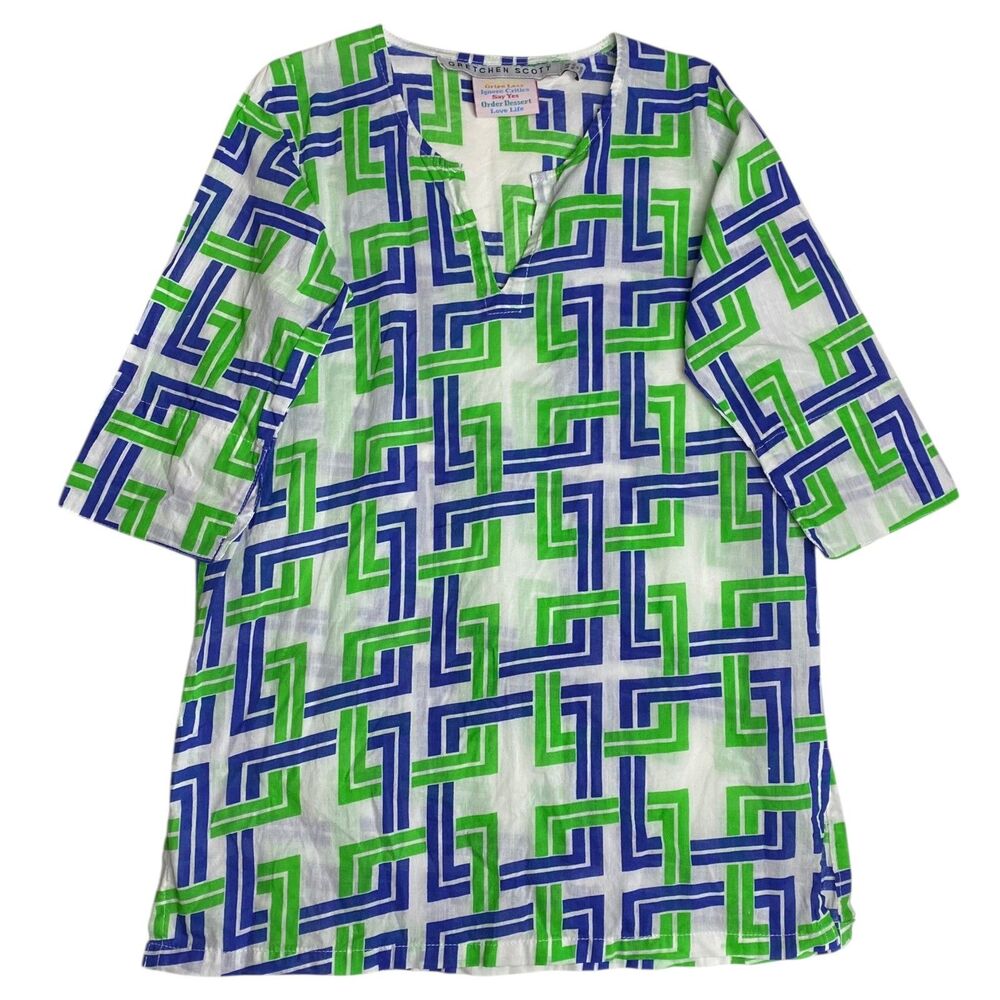 Gretchen Scott Cover-Up Beach Shirt Girls 4/6 Green Blue Preppy Tunic Top Geo